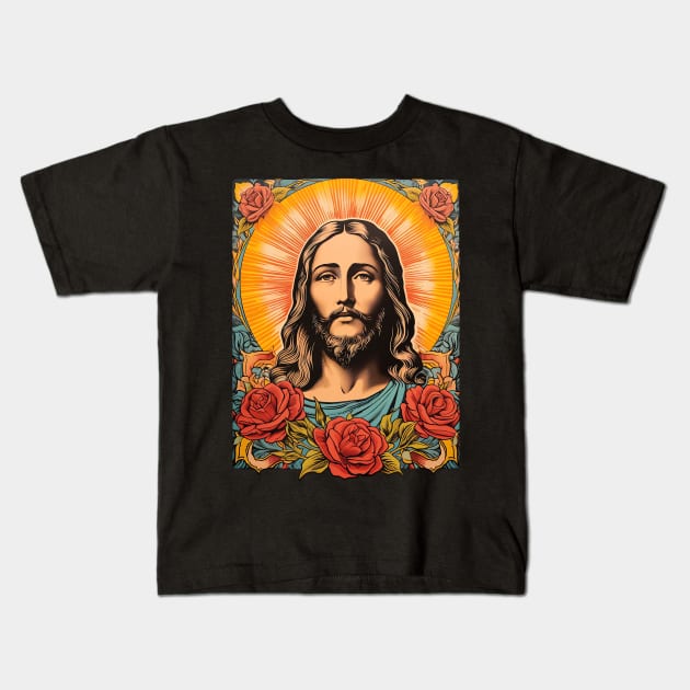 Vintage Retro Jesus Lithograph Kids T-Shirt by AI Art Originals